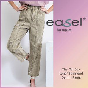 EASEL Boyfriend-Style Cropped Denim Pants W/Decorative Stitching